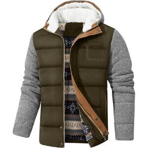 Mens Hooded Puffer Jacket GreenQuilted Body with Contrast Knit Sleeves & Fleece